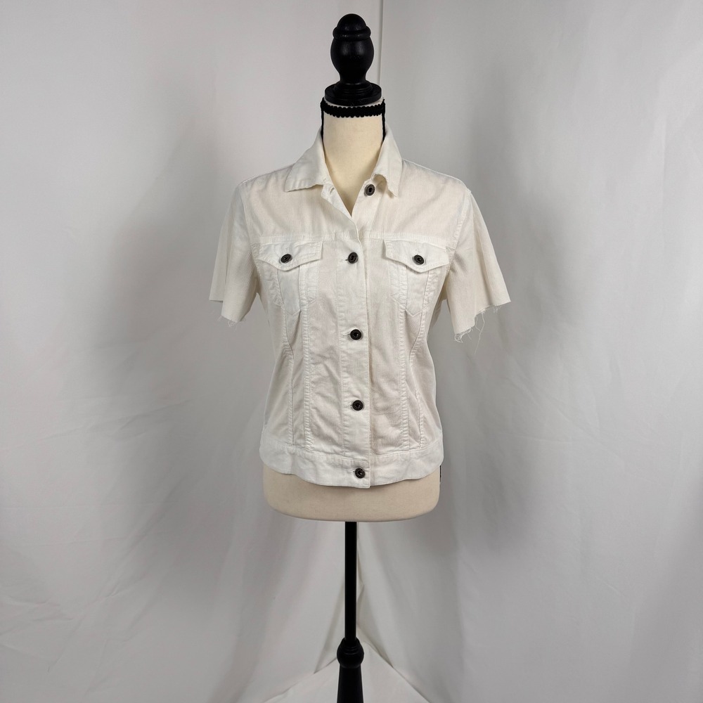 Theory Corduroy Jacket Women Medium Off White Short Sleeve Frayed Trucker